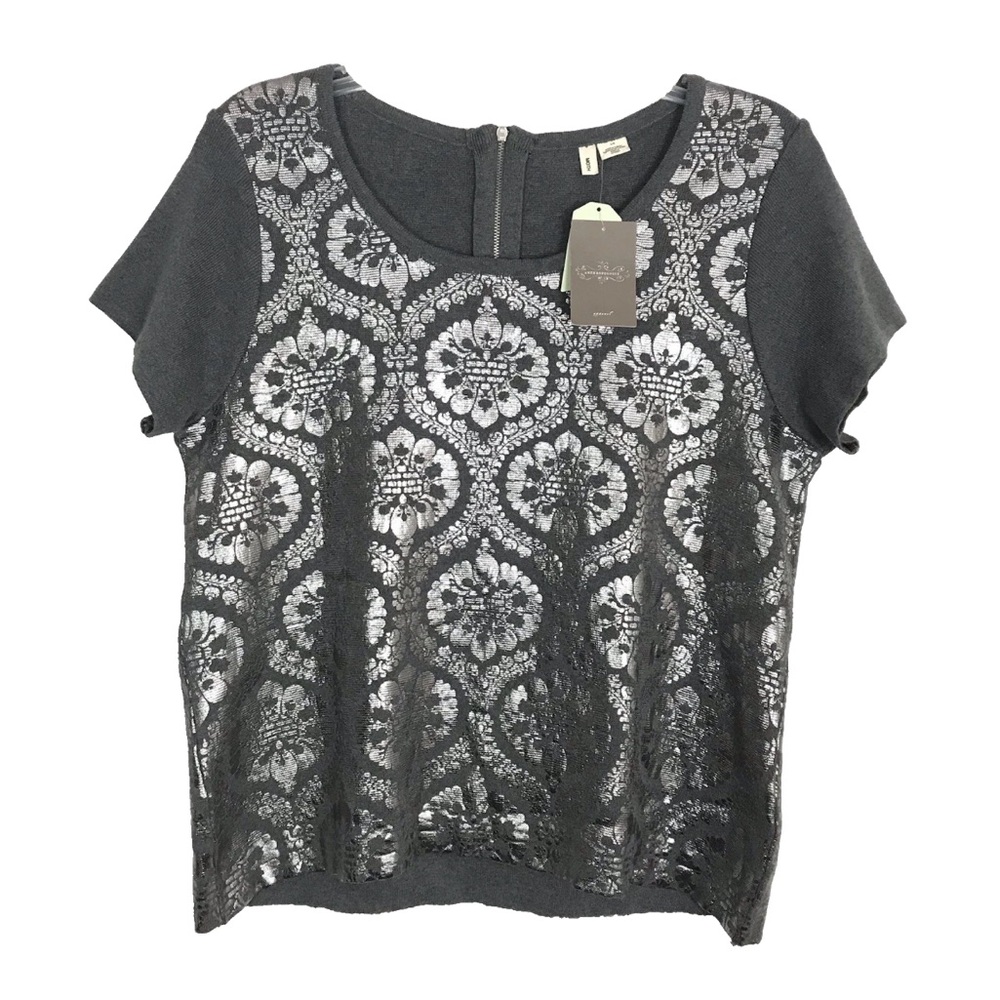 Anthropologie Moth Gray & Silver Metallic Short Sleeve Lace-Front Top